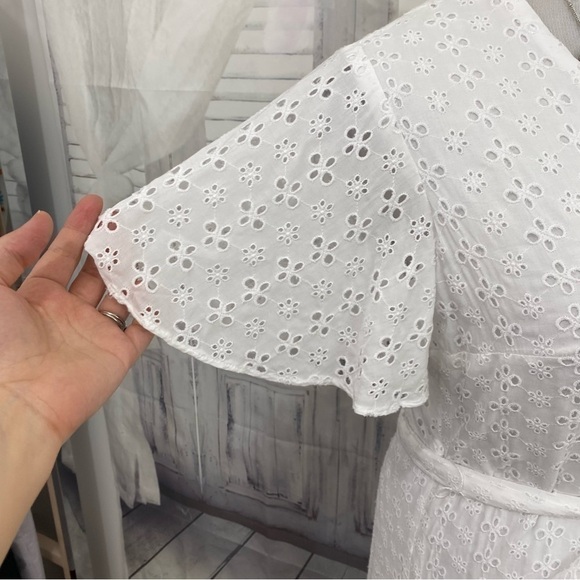 Preston & York Size 6 White Dress Eyelet Rayon Midi Dress Flutter Sleeve Belted - Picture 7 of 11